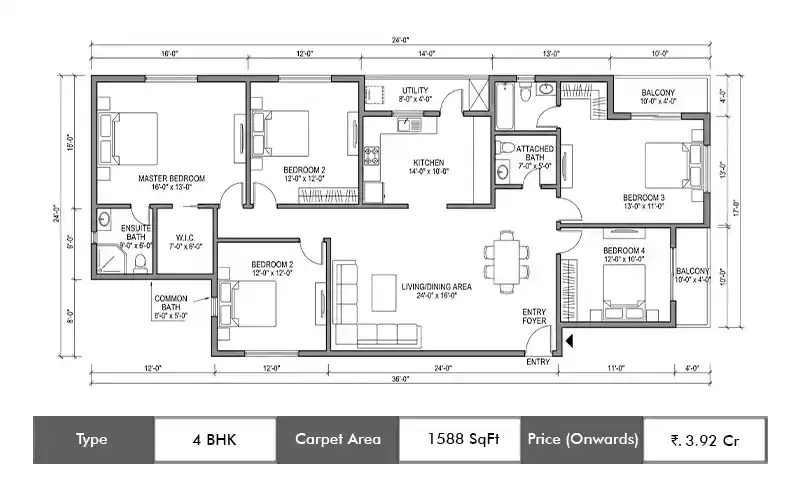 Lodha Bella Vista 4 BHK floor plan, 1588 sq ft carpet area